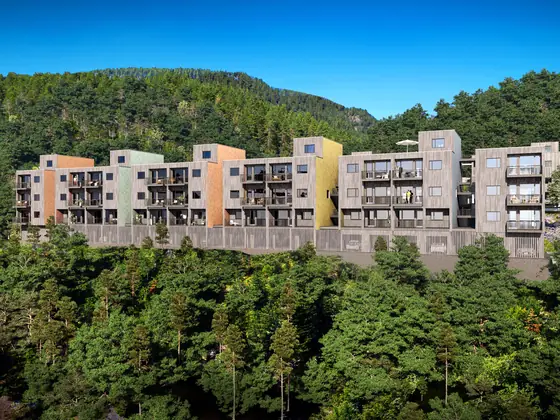 Illustrasjon av Kongsberg Terrasse i skogkanten.